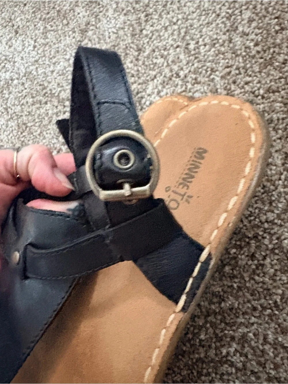 Minnetonka Black Leather T-Strap Thong Sandals
